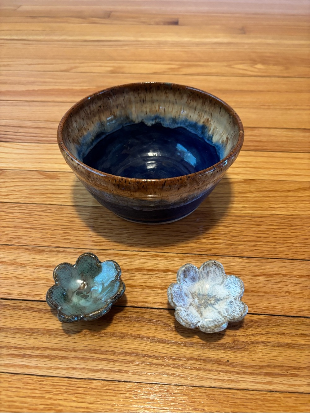 Handmade Pottery Blue and Brown Glazed Bowl with Two Floral Trinket Dishes